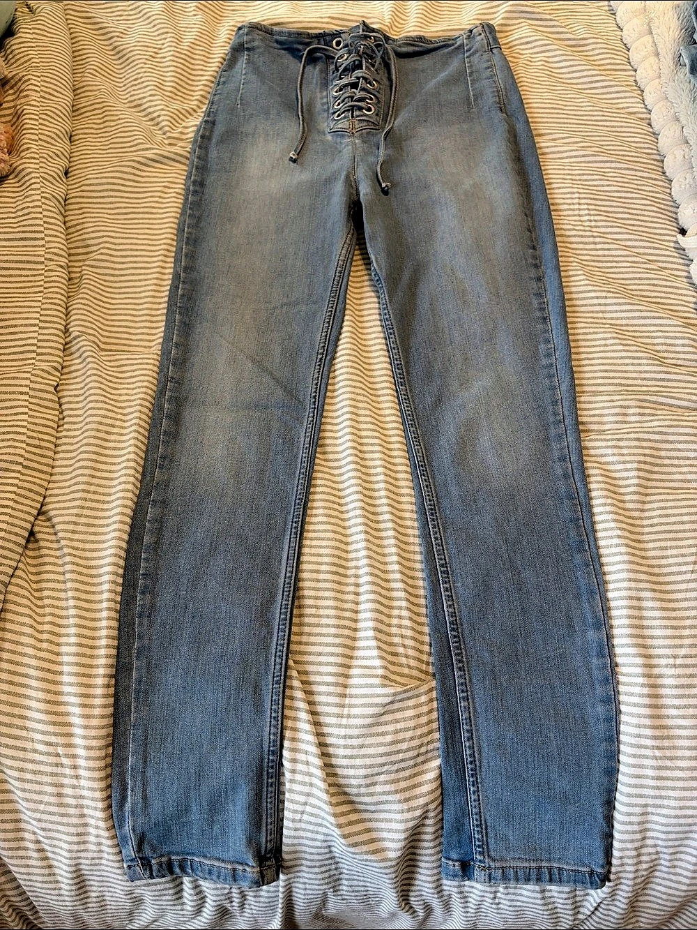 Free People CRVY High-Rise Lace-Up Skinny Jeans Waist 28 Blue